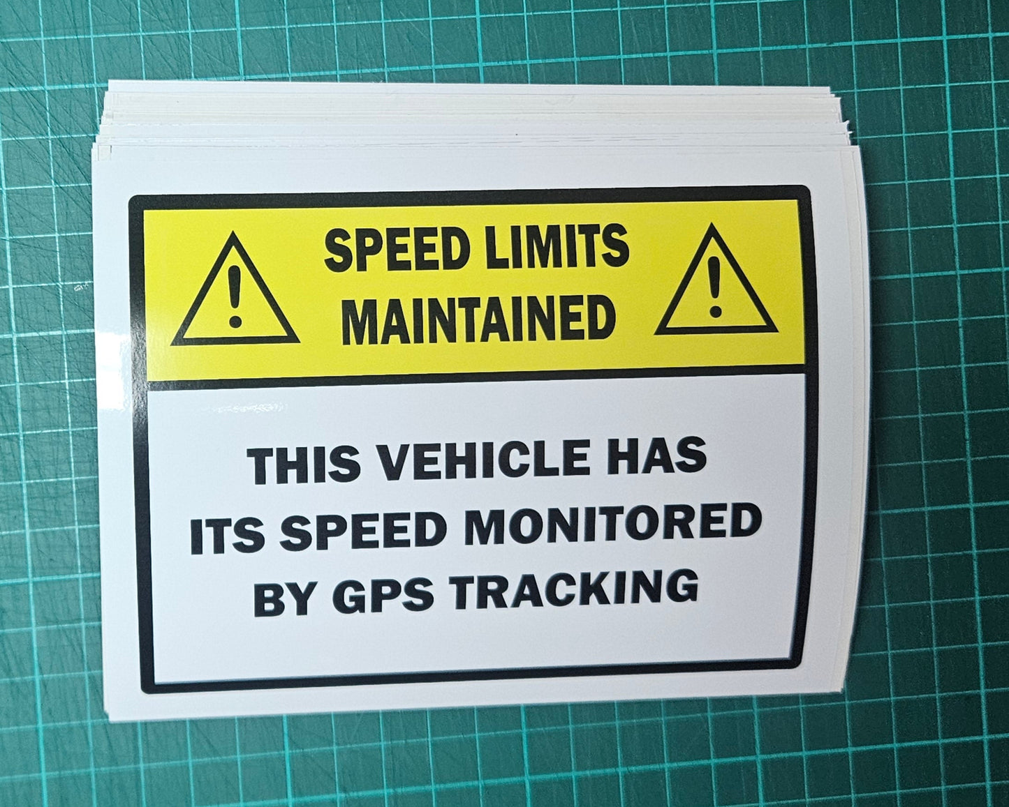 Speed Limits Maintained - GPS Tracking Signs on White Vinyl for Bumpers of vehicles 15 x 11.5 cm