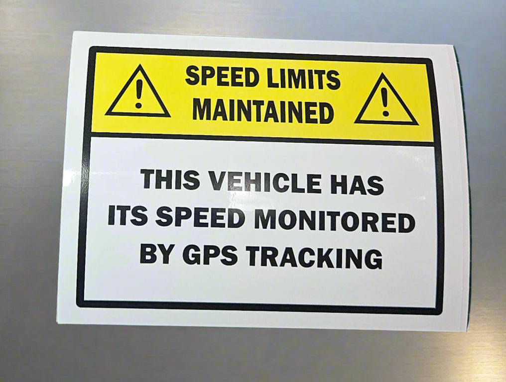 Speed Limits Maintained - GPS Tracking Signs on White Vinyl for Bumpers of vehicles 15 x 11.5 cm