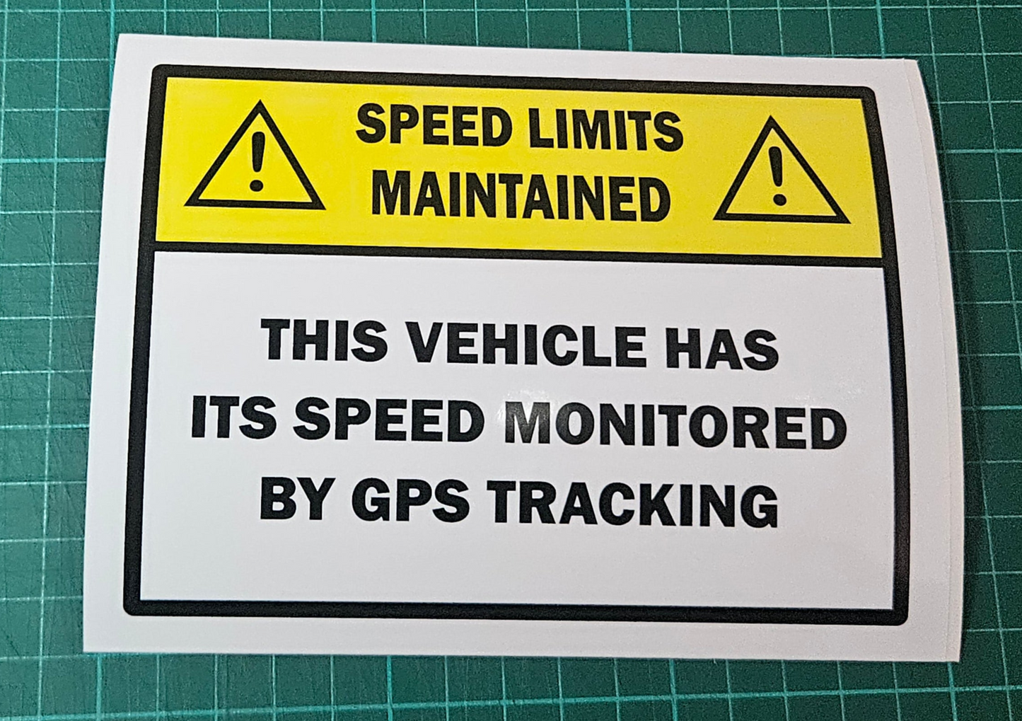 Speed Limits Maintained - GPS Tracking Signs on White Vinyl for Bumpers of vehicles 15 x 11.5 cm