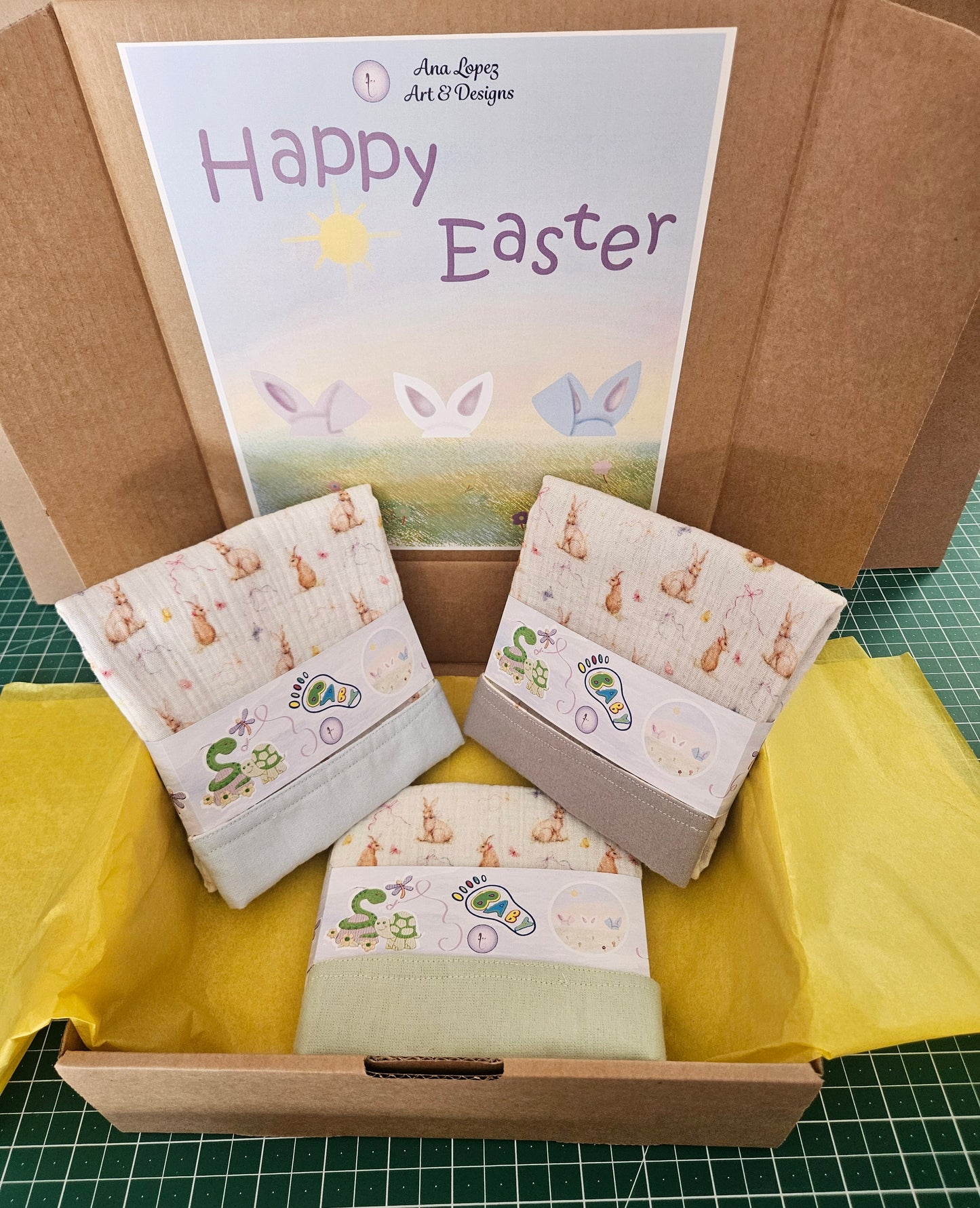 Easter Bunny Gift Box - New-born Burp Cloth made of Double Gauze and Flannel - 100% cotton