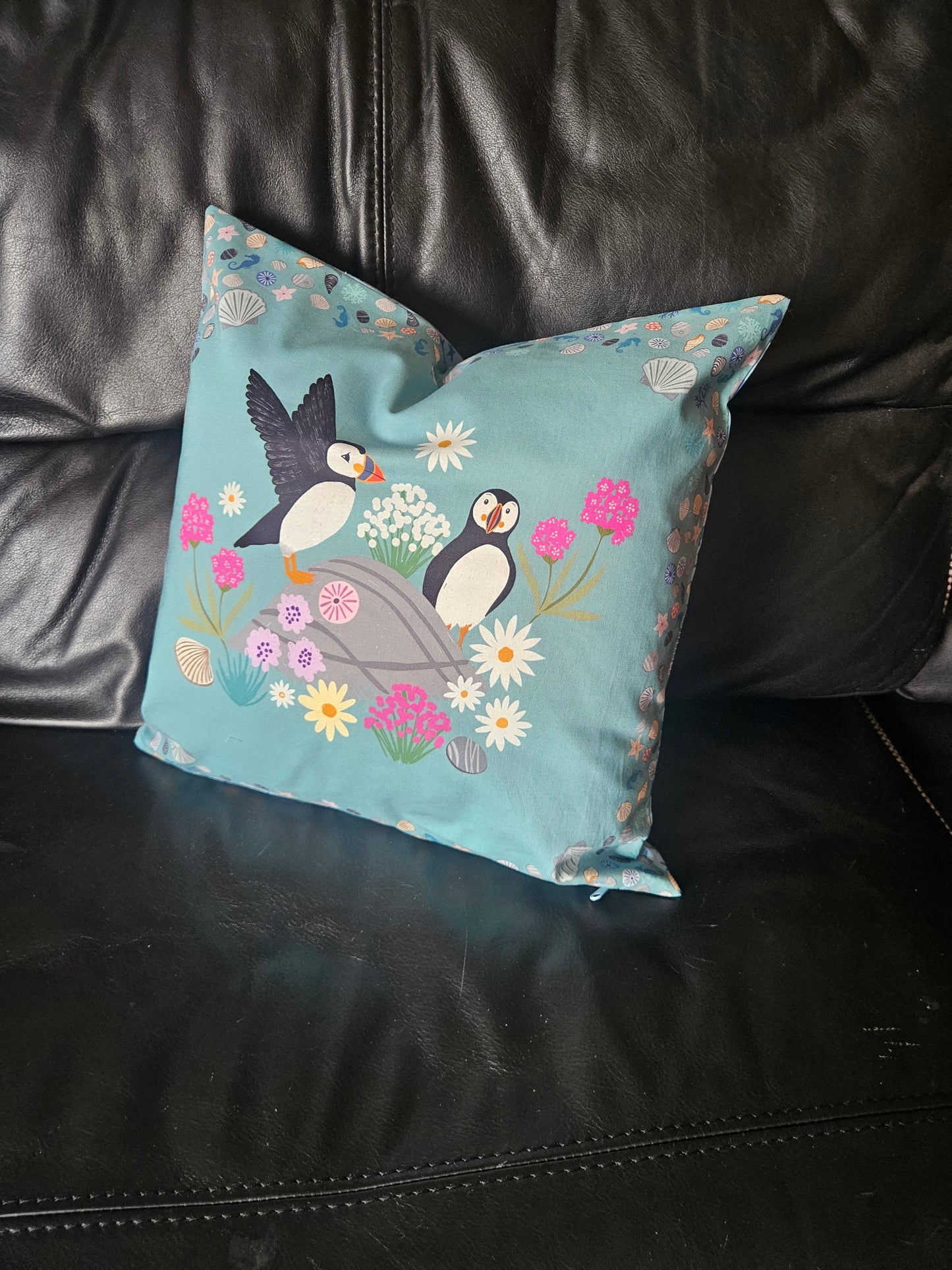 Cushion cover with Puffin bay squares panels from Puffin Rock Collection by Lewis & Irene - make to order.