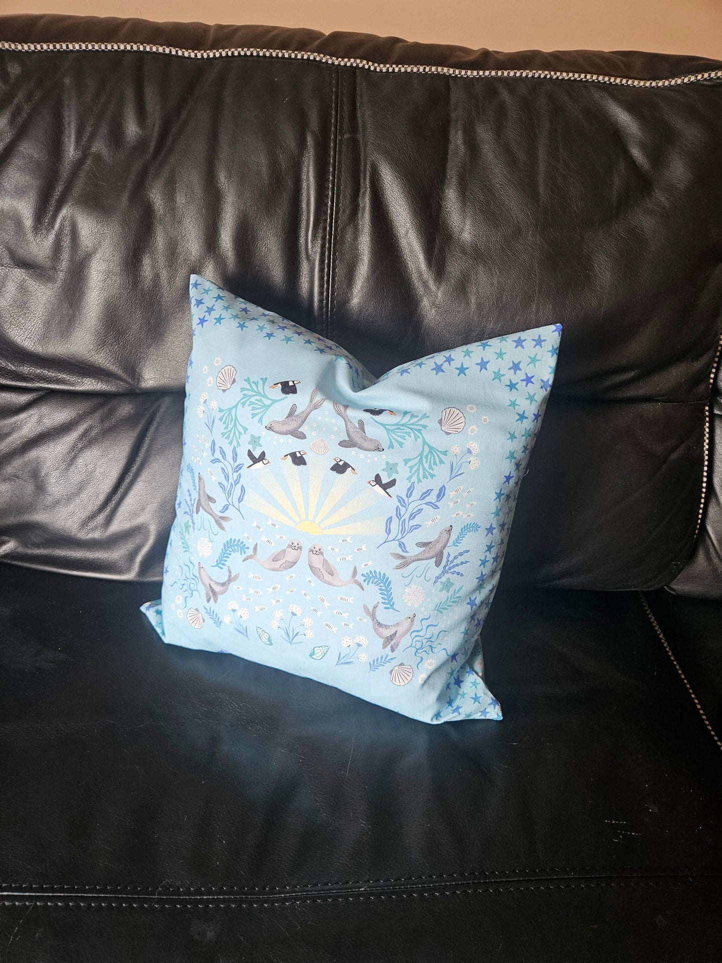 Cushion cover with Puffin bay squares panels from Puffin Rock Collection by Lewis & Irene - make to order.