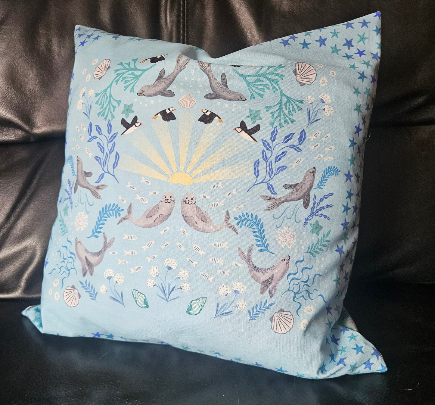 Cushion cover with Puffin bay squares panels from Puffin Rock Collection by Lewis & Irene - make to order.