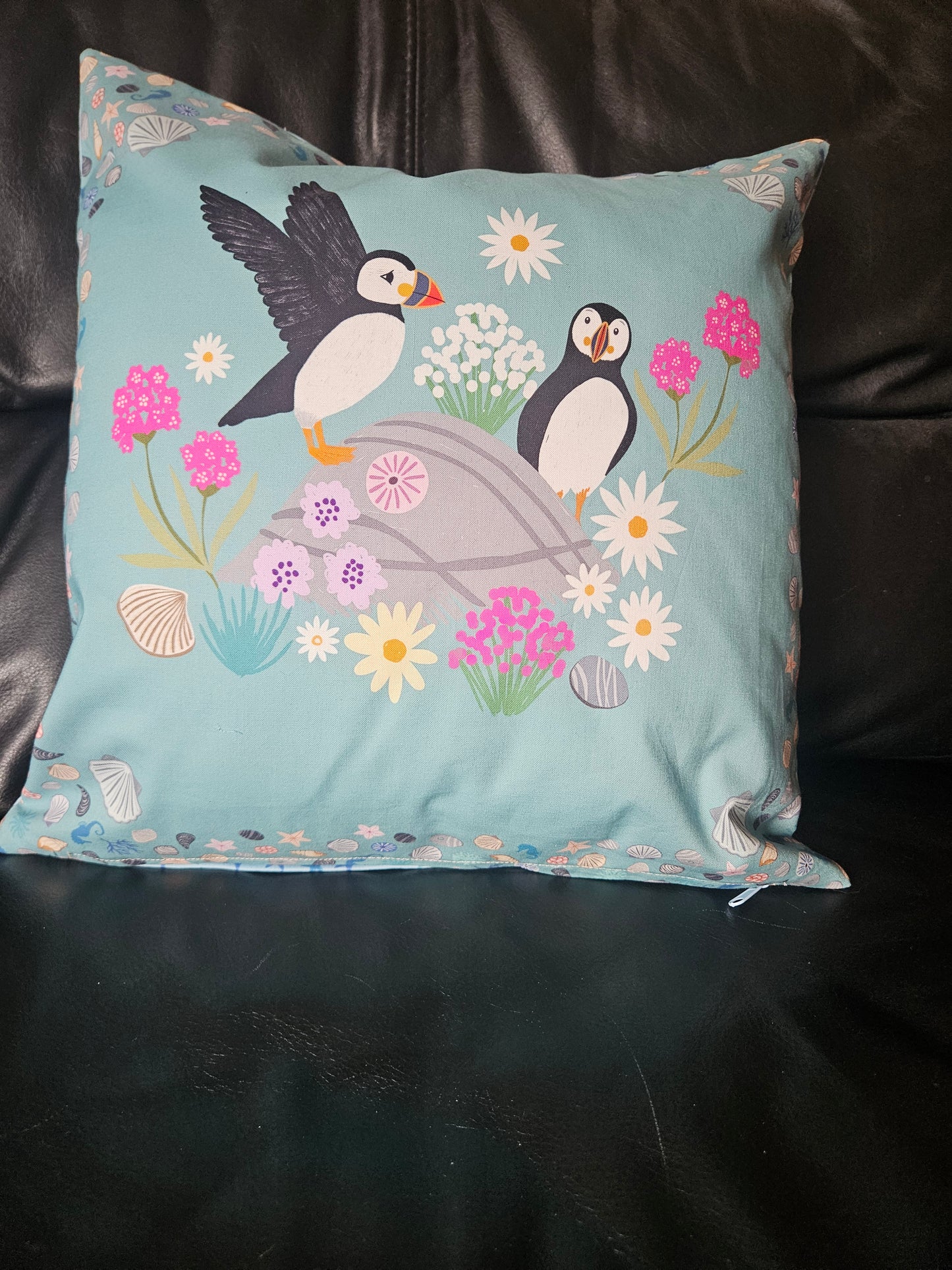 Cushion cover with Puffin bay squares panels from Puffin Rock Collection by Lewis & Irene - make to order.