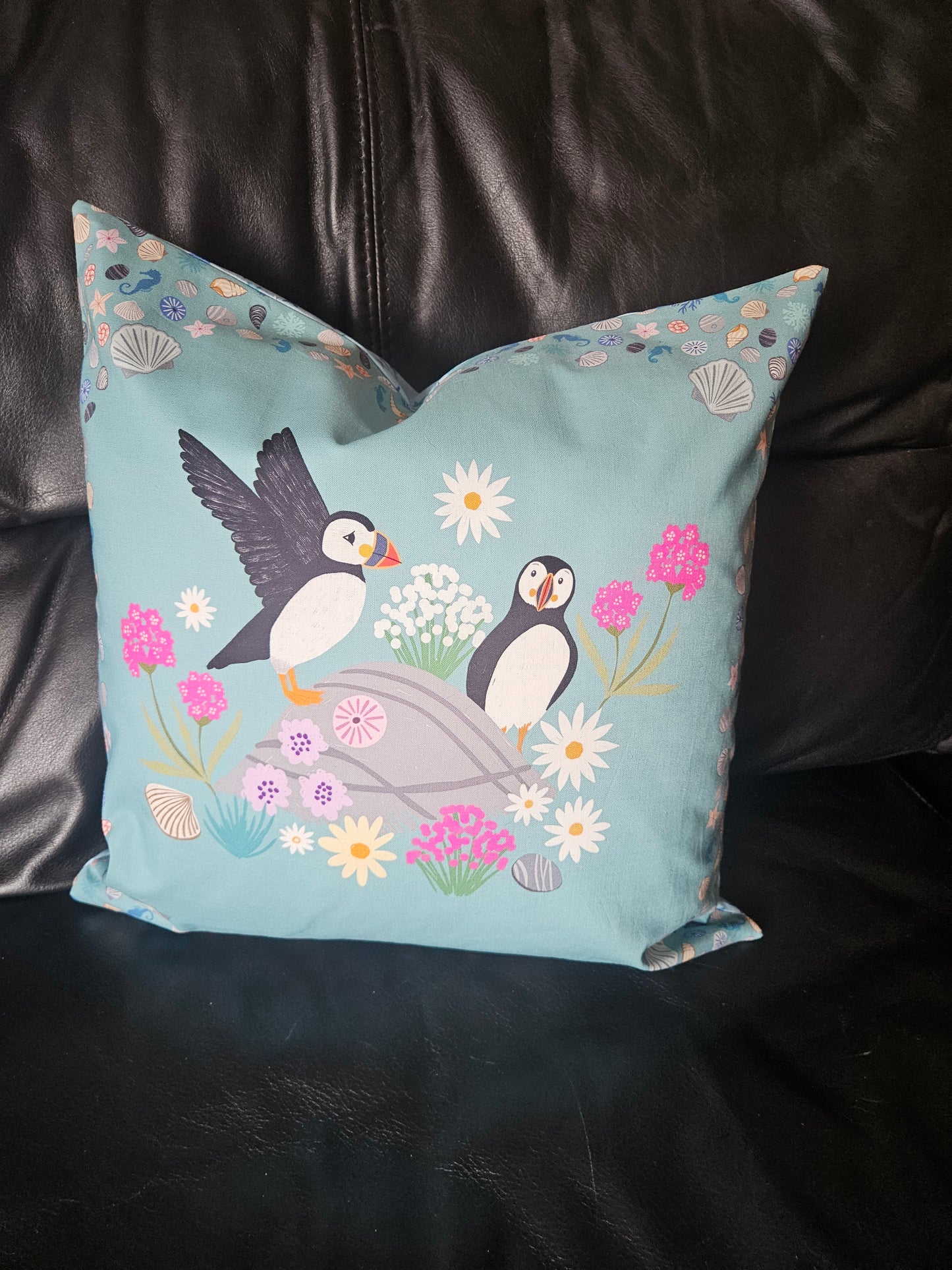 Cushion cover with Puffin bay squares panels from Puffin Rock Collection by Lewis & Irene - make to order.