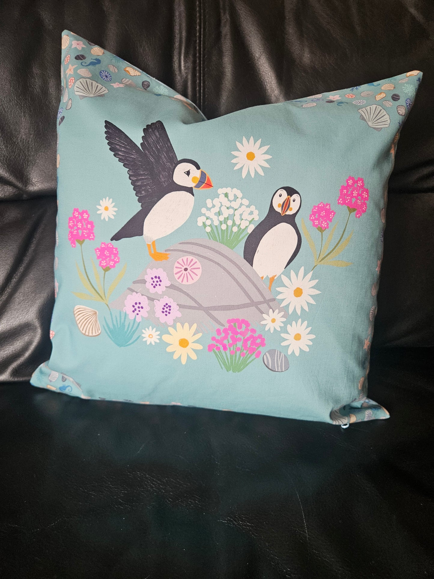 Cushion cover with Puffin bay squares panels from Puffin Rock Collection by Lewis & Irene - make to order.