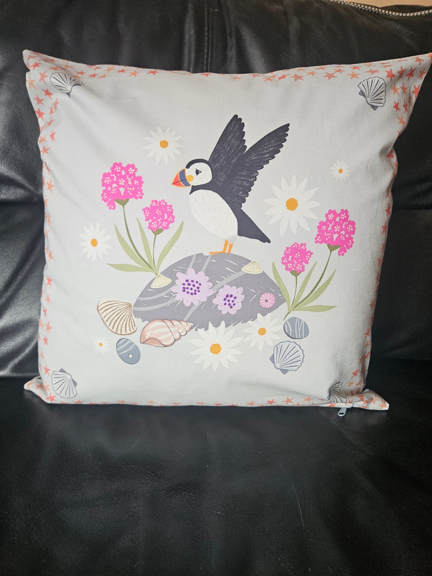 Cushion cover with Puffin bay squares panels from Puffin Rock Collection by Lewis & Irene - make to order.