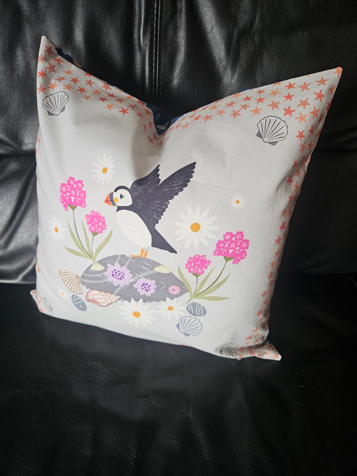 Cushion cover with Puffin bay squares panels from Puffin Rock Collection by Lewis & Irene - make to order.