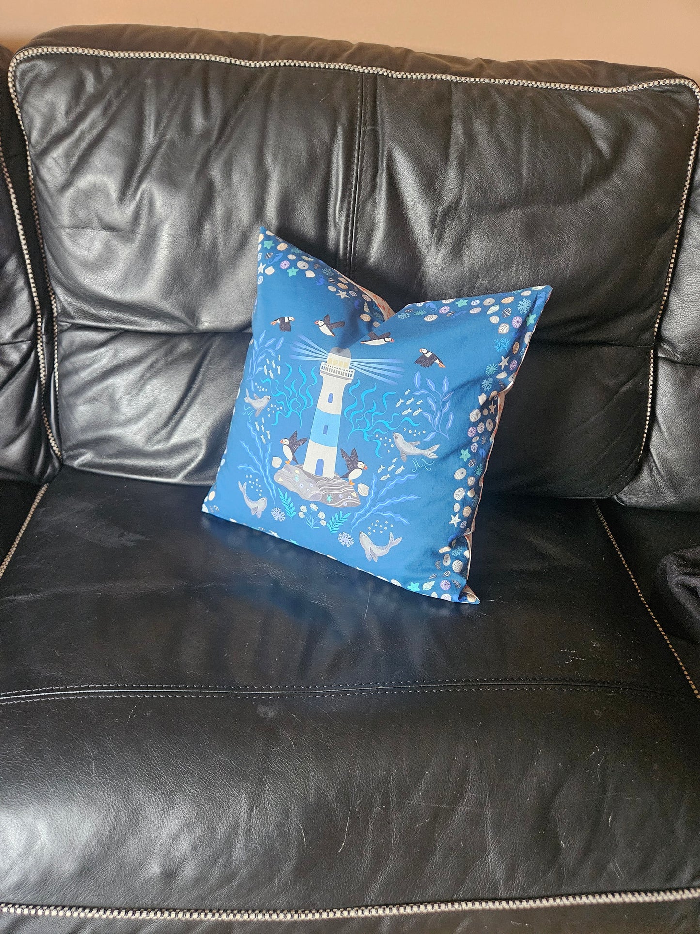Cushion cover with Puffin bay squares panels from Puffin Rock Collection by Lewis & Irene - make to order.