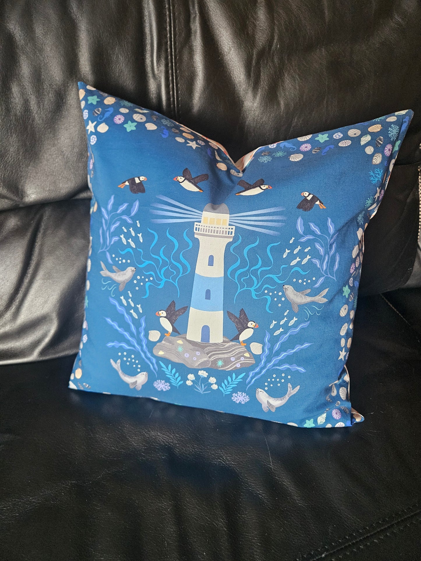 Cushion cover with Puffin bay squares panels from Puffin Rock Collection by Lewis & Irene - make to order.