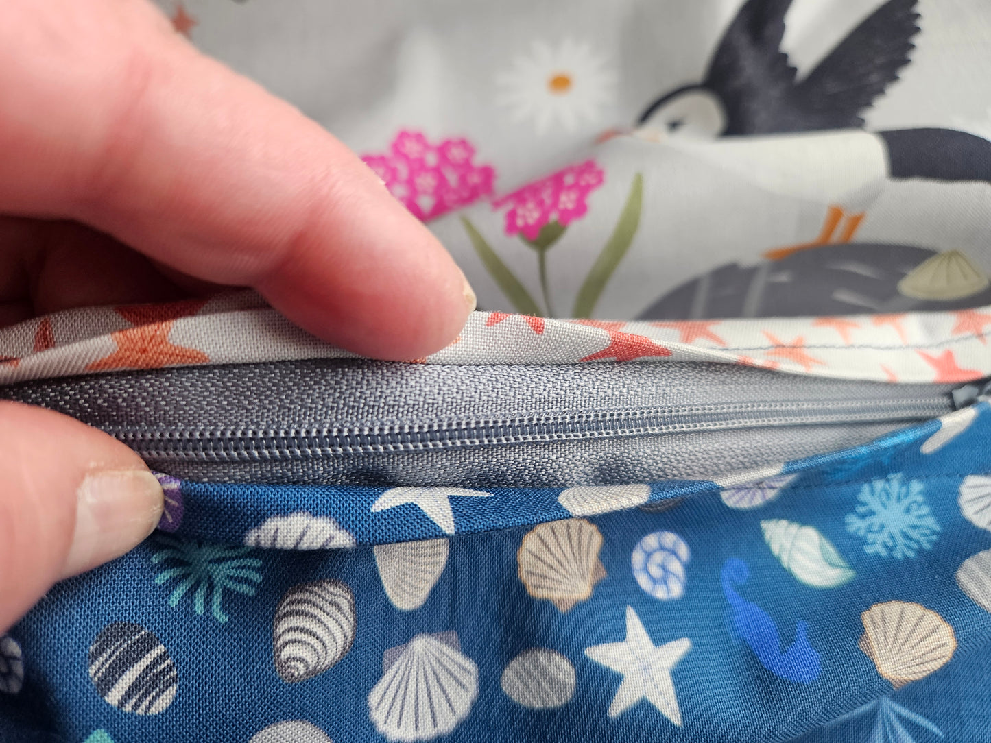 Cushion cover with Puffin bay squares panels from Puffin Rock Collection by Lewis & Irene - make to order.