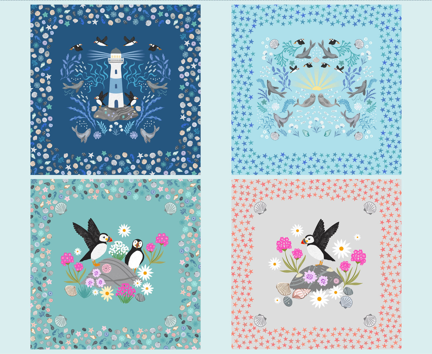 Cushion cover with Puffin bay squares panels from Puffin Rock Collection by Lewis & Irene - make to order.