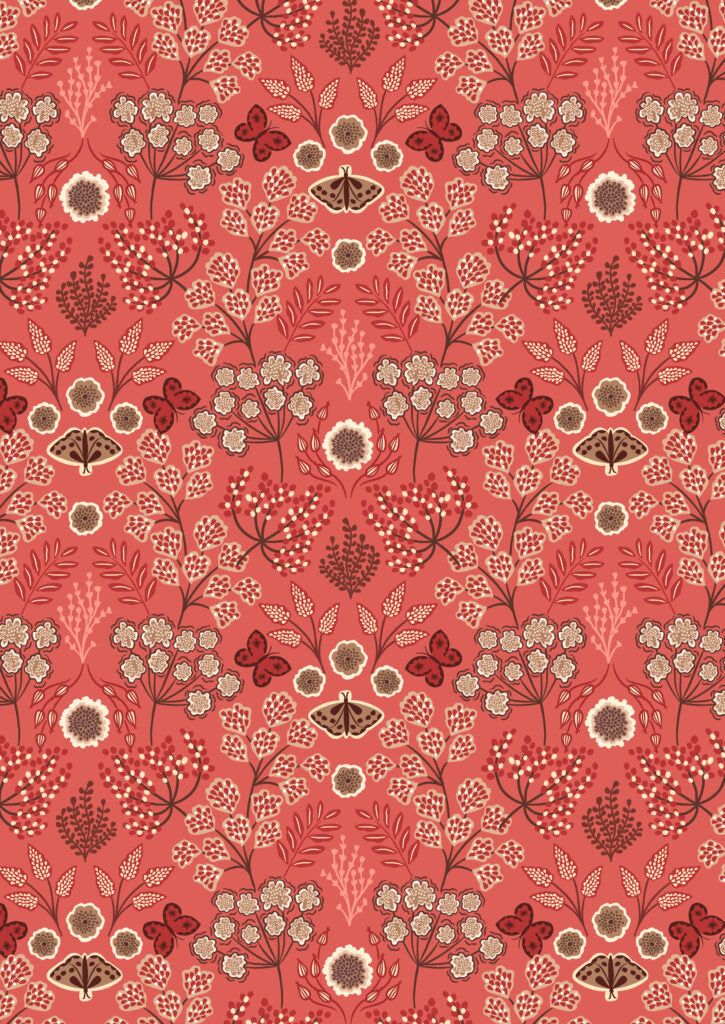 Jardin d'Automne - Large floral butterfly on autumnal red by Lewis & Irene - by Length & Fat Quarter