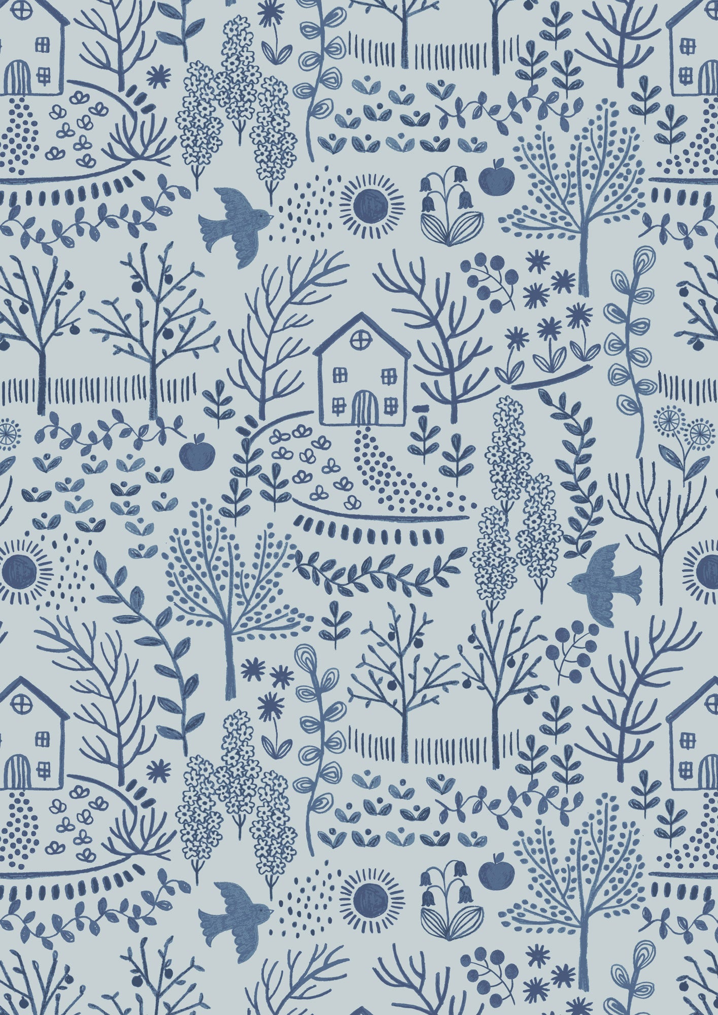 Pre-Order - Cosy Home and Garden on Blue - Fabric Collection by Lewis & Irene - Due in November