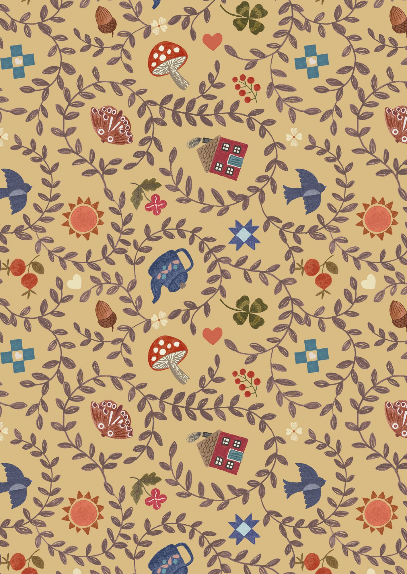 Pre-Order - Cosy home on soft mustard - Fabric Collection by Lewis & Irene - Due in November