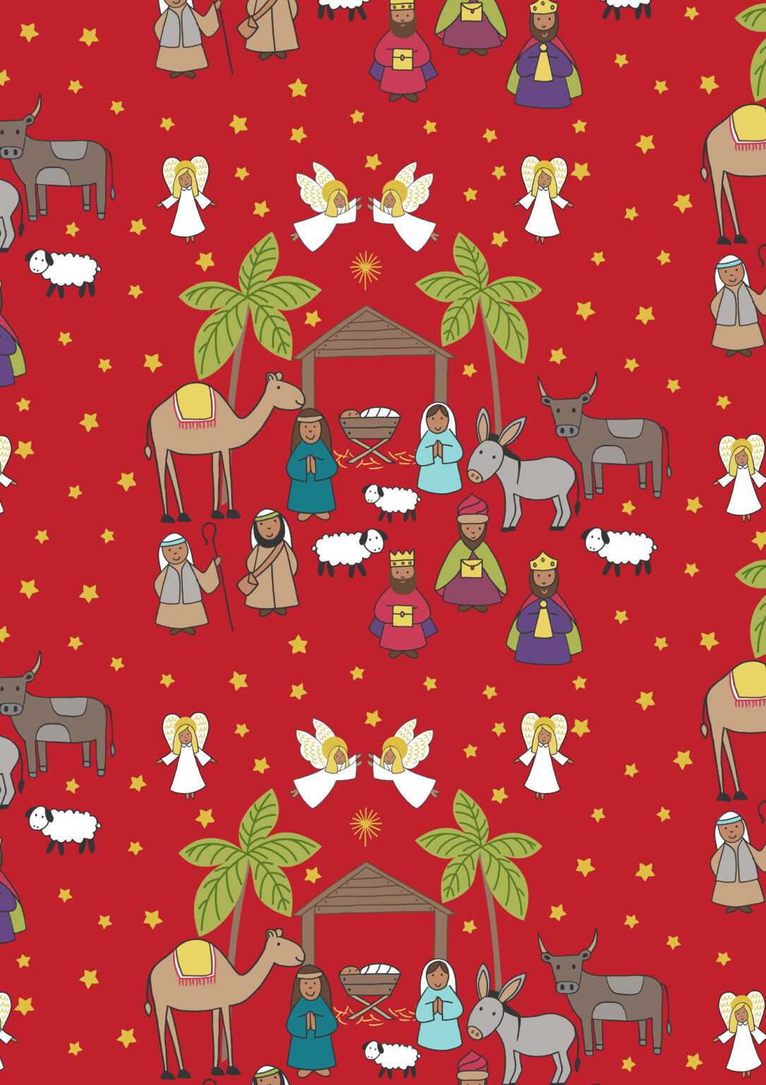 Away in a Manger Nativity scene on Red with gold metallic by Lewis & Irene - by Length & Fat Quarters