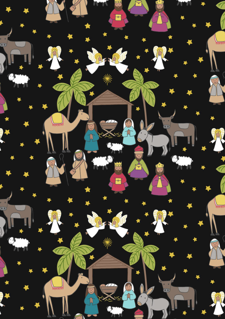 Away in a Manger - Nativity scene on Black with Gold metallic by Lewis & Irene - by Length & Fat Quarters