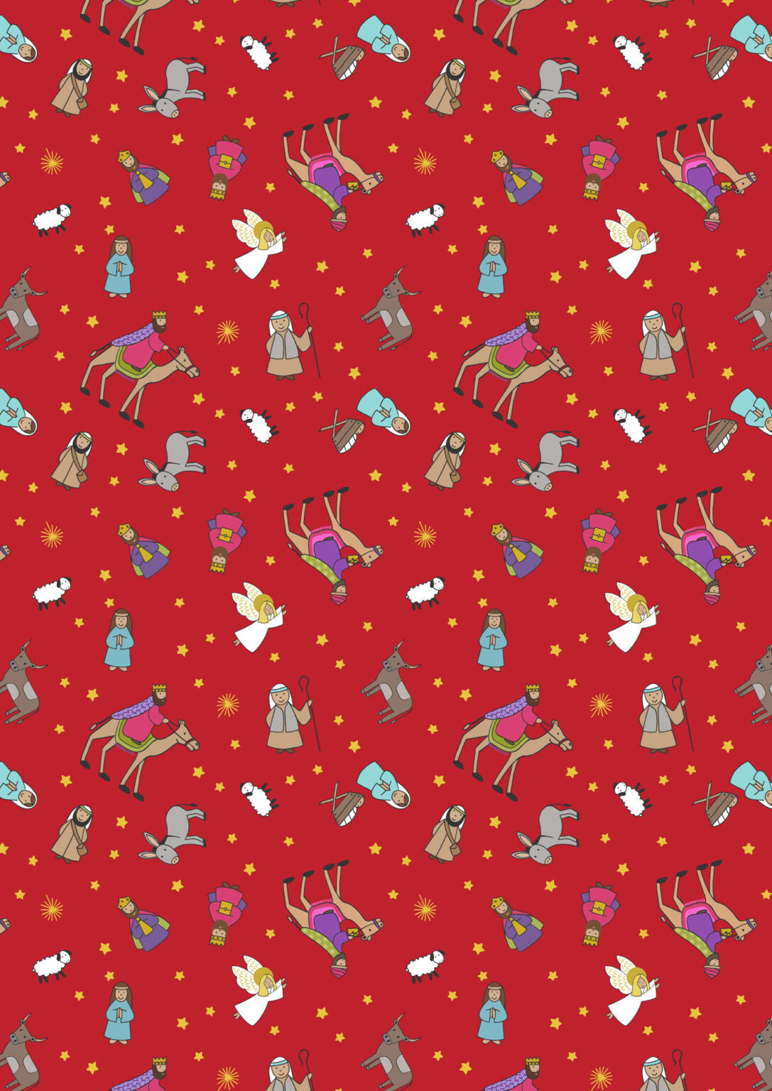 Away in a Manger - Nativity characters on Red with gold metallic by Lewis & Irene - by Length & Fat Quarters