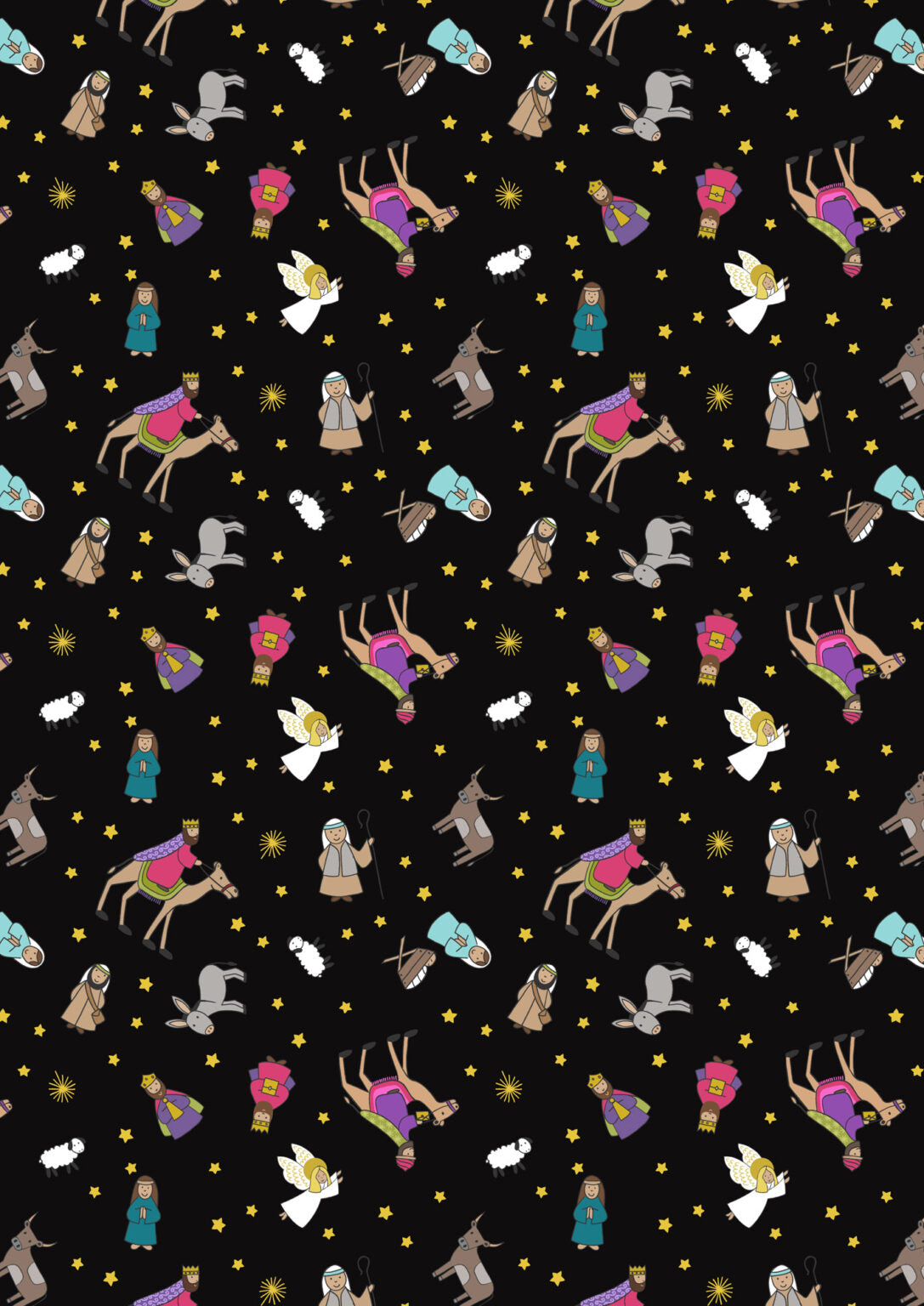 Away in a Manger - Nativity characters on Black with gold metallic by Lewis & Irene - by Length & Fat Quarters