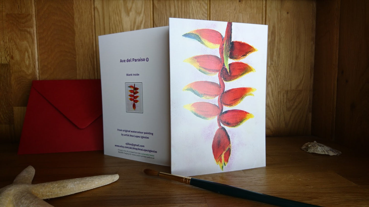 Greeting Cards "Bird of Paradise" Flower - Heliconia". Exotic tropical flower from my original watercolour painting.