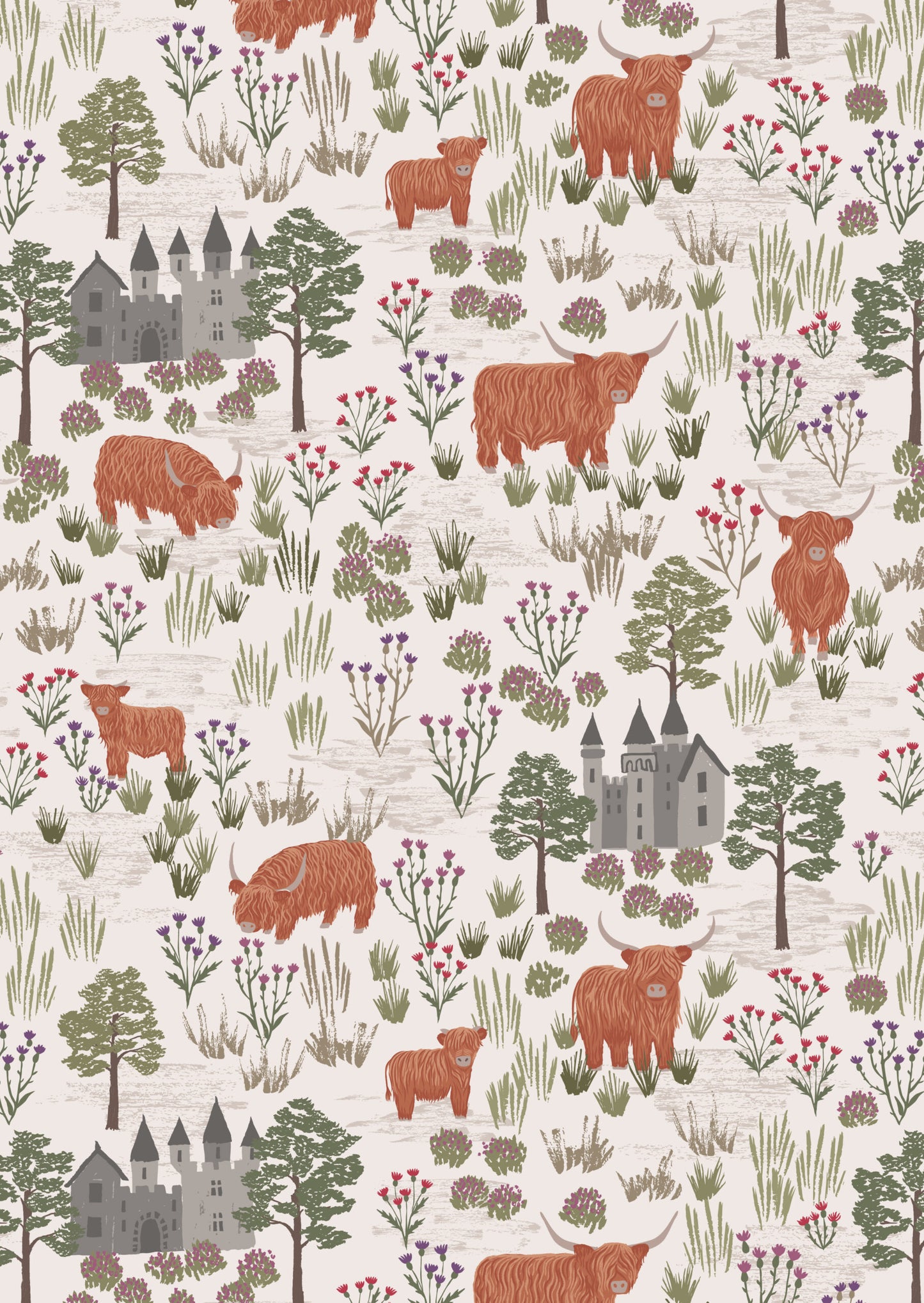 Castle and Highland Cattle on dark cream - Loch Lewis Flannel by Length & Fat Quarters - by Lewis & Irene