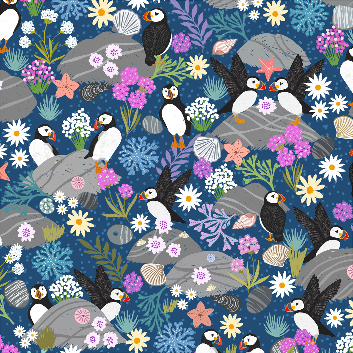 Puffin bay Puffins on dark blue- Puffin Rock Collection by Lewis & Irene - Available Now