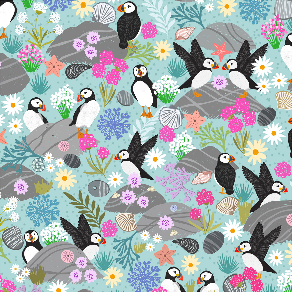 Puffin bay Puffins on sea blue - Puffin Rock Collection by Lewis & Irene - Available Now