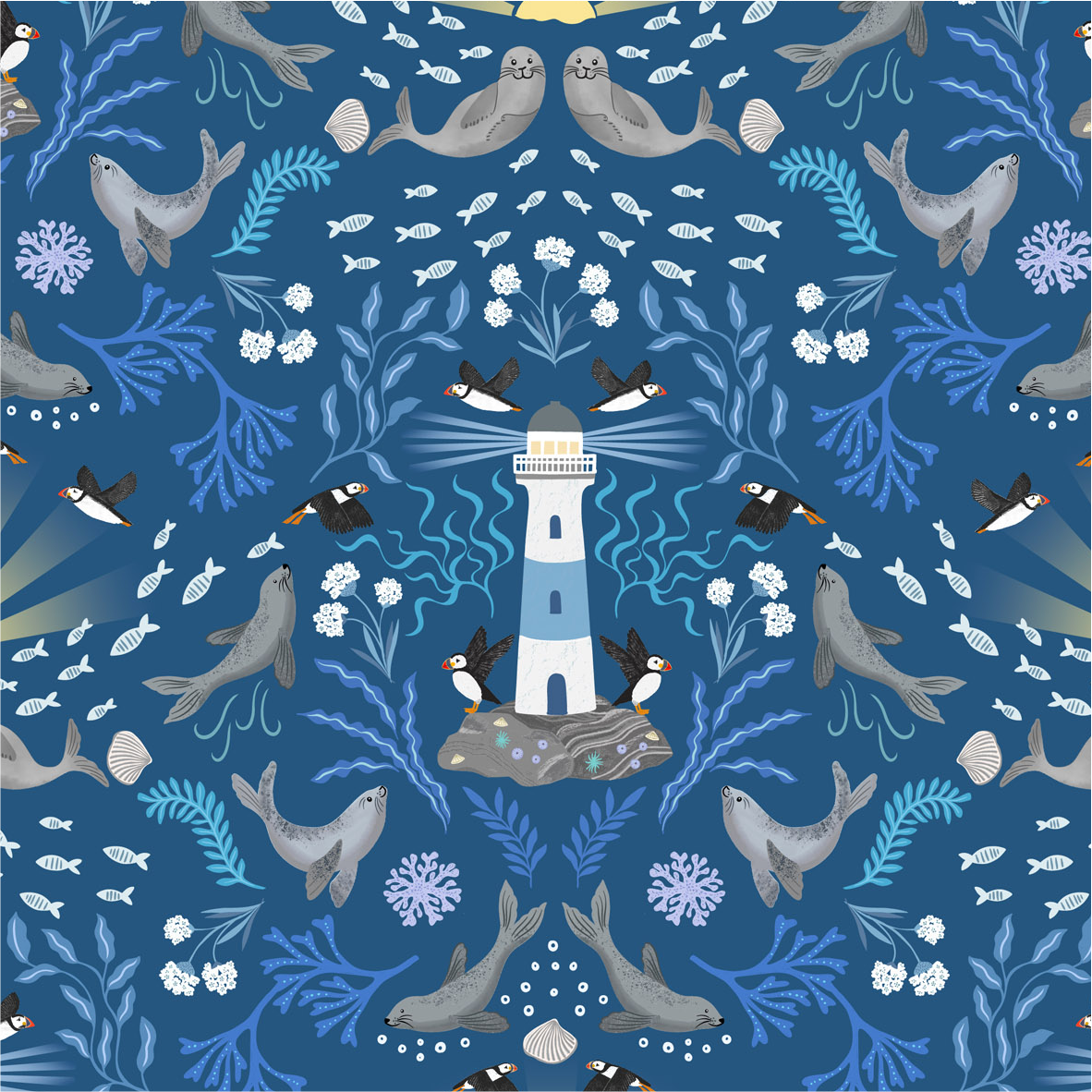 Puffin Rock Lighthouse on Dark Blue Fabrics - Puffin Rock Collection by Lewis & Irene - Available Now