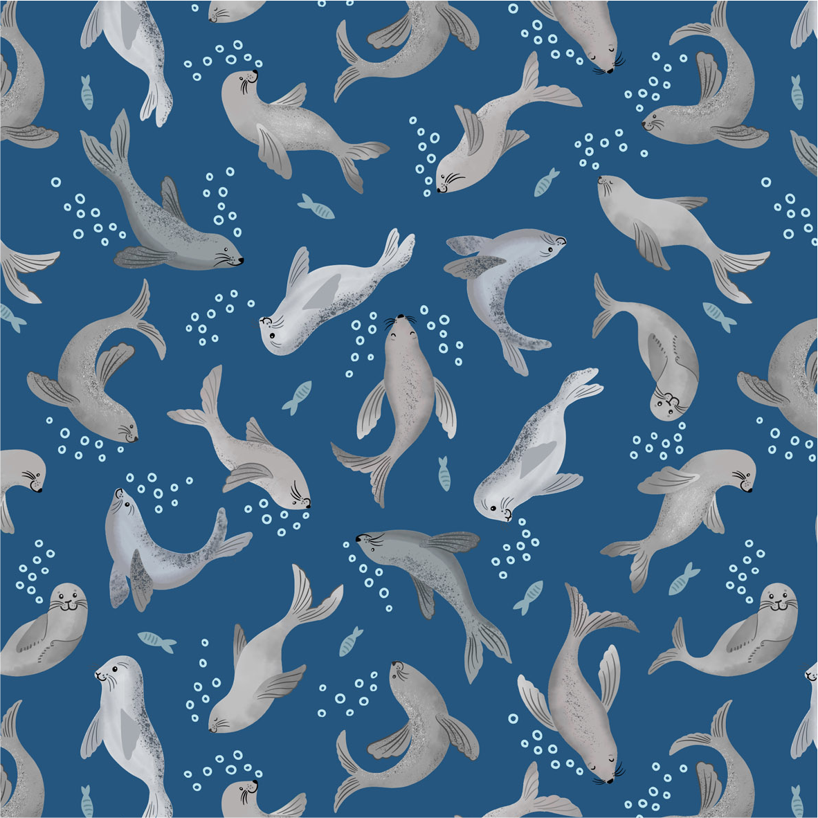 Seal bubbles on dark blue - Puffin Rock Collection by Lewis & Irene - Available Now
