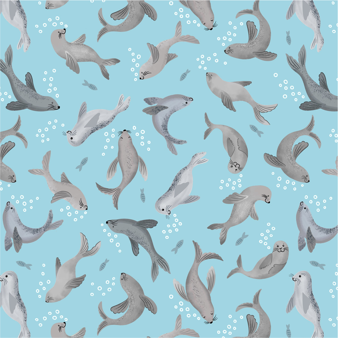 Seal bubbles on light blue - Puffin Rock Collection by Lewis & Irene - Available Now