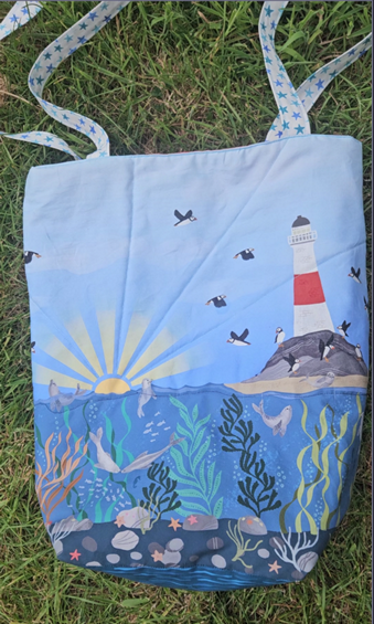 Bag Making Sewing Kit to make a Puffin Rock Bag. Pre-Cuts fabrics and wadding included. Collections by Lewis & Irene.
