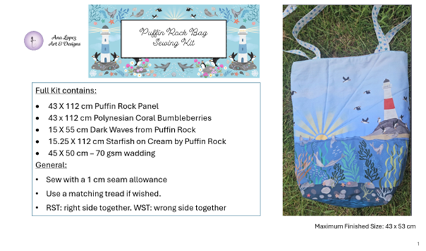 Bag Making Sewing Kit to make a Puffin Rock Bag. Pre-Cuts fabrics and wadding included. Collections by Lewis & Irene.