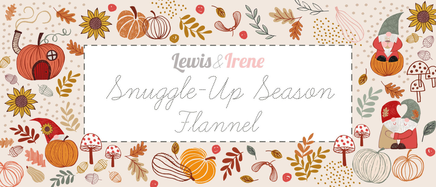 Snuggle-Up Season Flannel - Autumn gnomes on Light Sage - Fabrics collection by Lewis & Irene