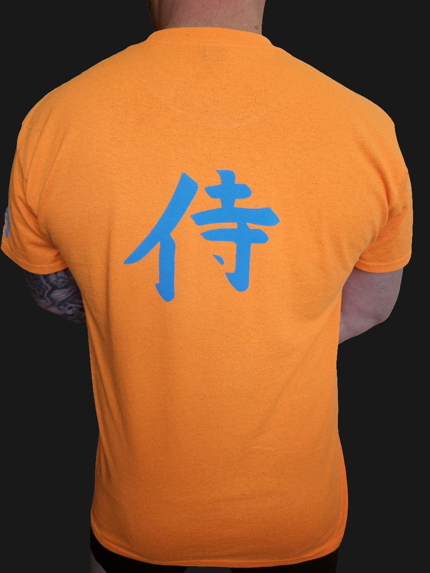 3D Puff Glow in The Dark. Samurai Print on Safety Orange T-Shirt. High quality cotton Tees with a Samurai Graphic at the front and the Samurai writing at the back and sleeve