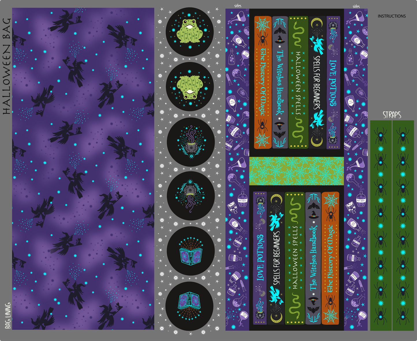 Cast a Spell Spooky book 1 Yard panel - digital print with silver metallic by Lewis & Irene