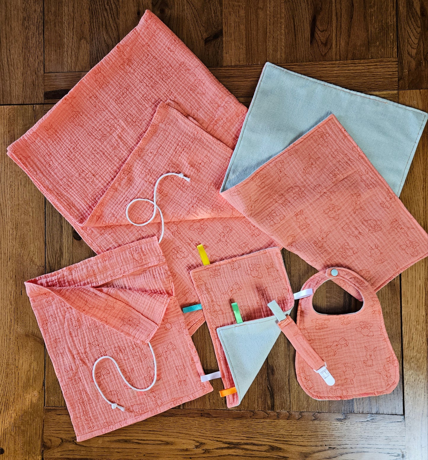 New Mum Gift Box - New-Born Kit with a swaddle, Burp Cloths, Bib, Soother Holder, and Bag