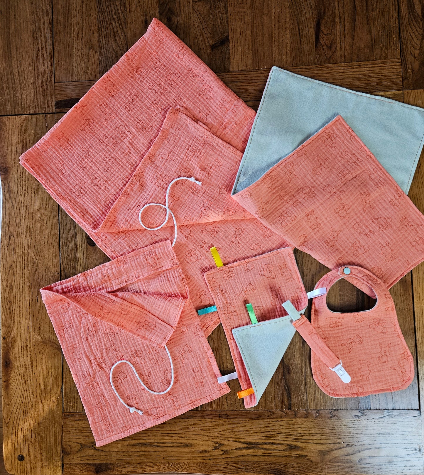 New Mum Gift Box - New-Born Kit with a swaddle, Burp Cloths, Bib, Soother Holder, and Bag