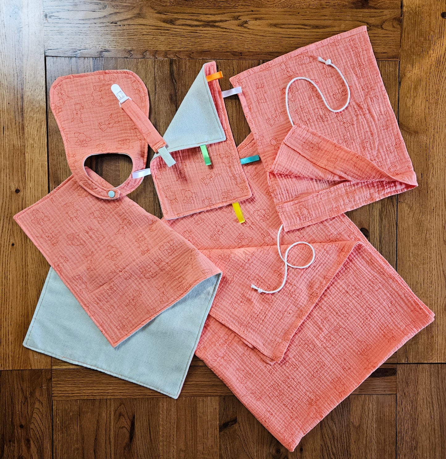 New Mum Gift Box - New-Born Kit with a swaddle, Burp Cloths, Bib, Soother Holder, and Bag
