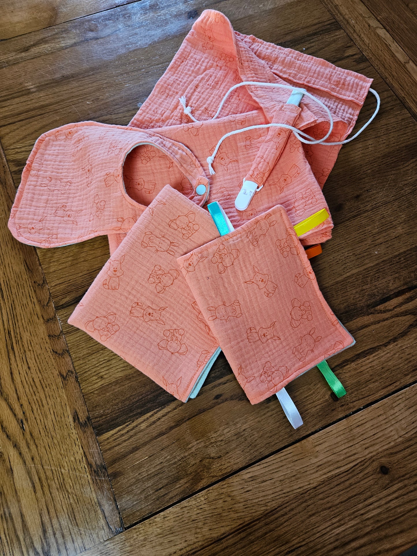 New Mum Gift Box - New-Born Kit with a swaddle, Burp Cloths, Bib, Soother Holder, and Bag