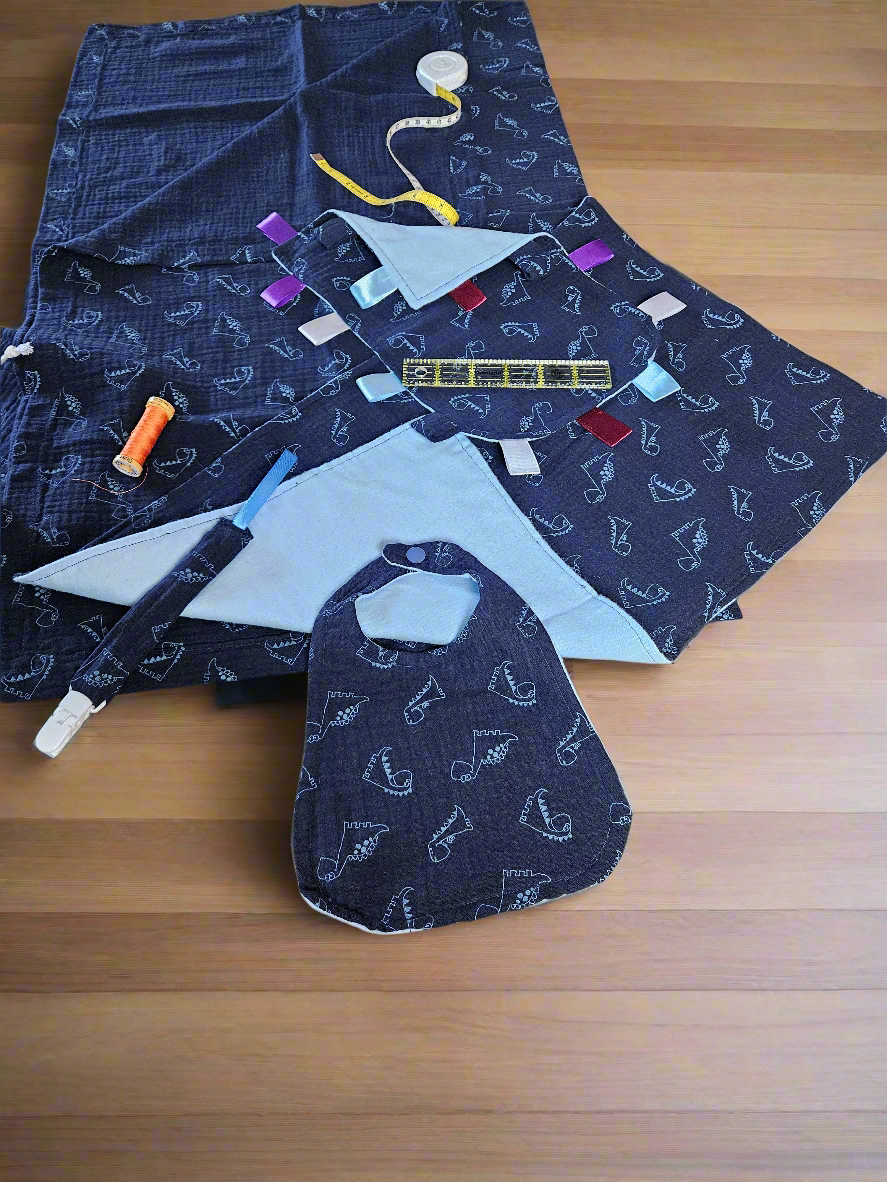 New Mum Gift Box - New-Born Kit with a swaddle, Burp Cloths, Bib, Soother Holder, and Bag