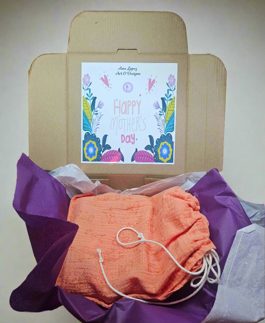 New Mum Gift Box - New-Born Kit with a swaddle, Burp Cloths, Bib, Soother Holder, and Bag