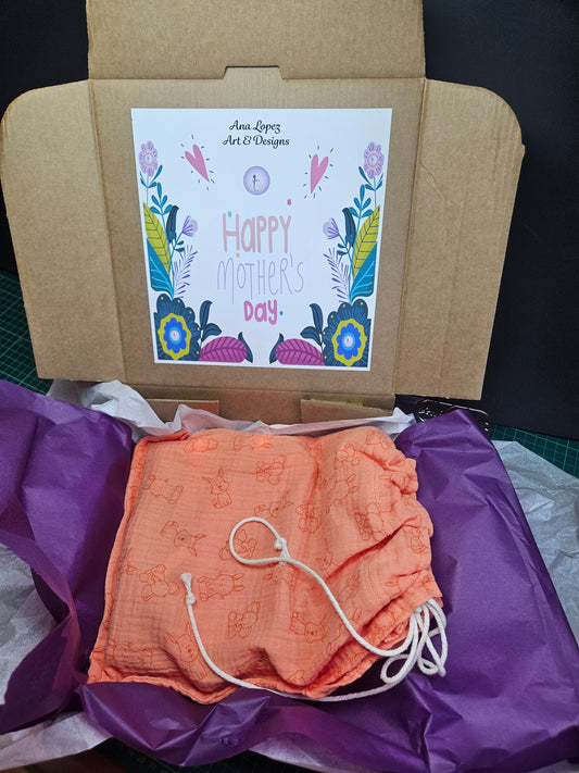 New Mum Gift Box - New-Born Kit with a swaddle, Burp Cloths, Bib, Soother Holder, and Bag