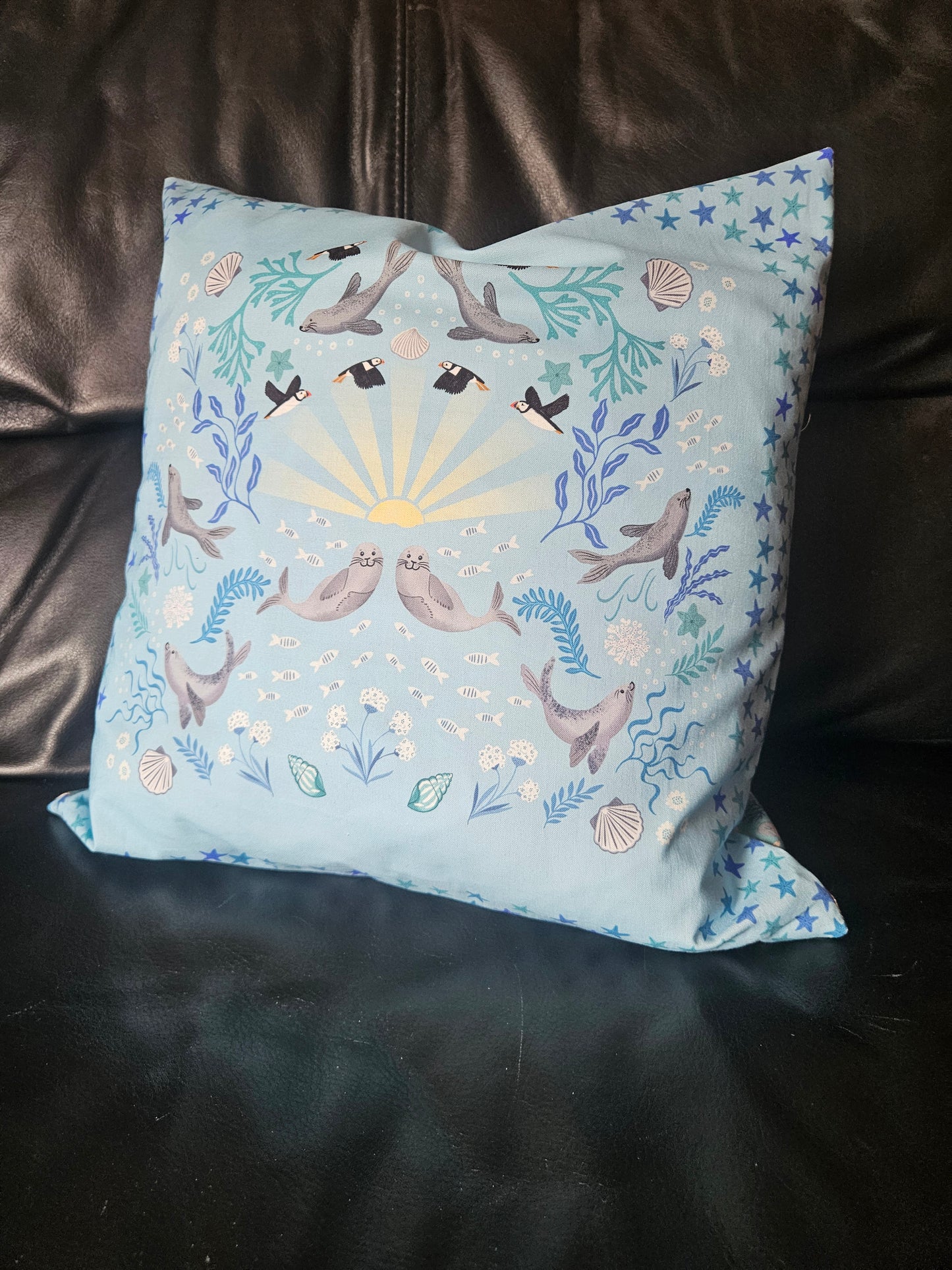 Cushion cover with Puffin bay squares panels from Puffin Rock Collection by Lewis & Irene - make to order.