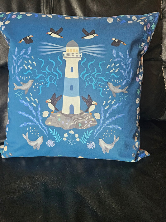 Cushion cover with Puffin bay squares panels from Puffin Rock Collection by Lewis & Irene - make to order.