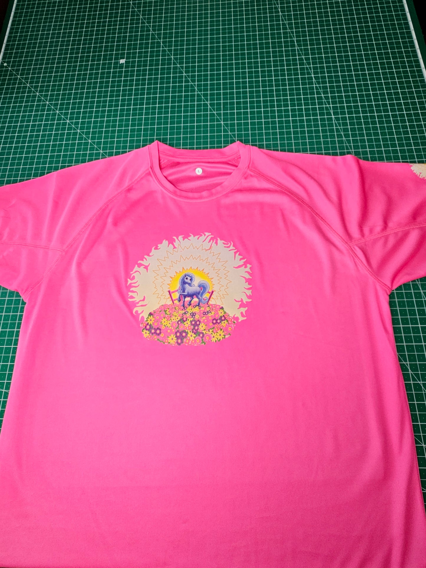 Little Blue Pony in a Meadow Cartoon Graphic on Hot Pink T-Shirt. High quality sport Aircool Tees.
