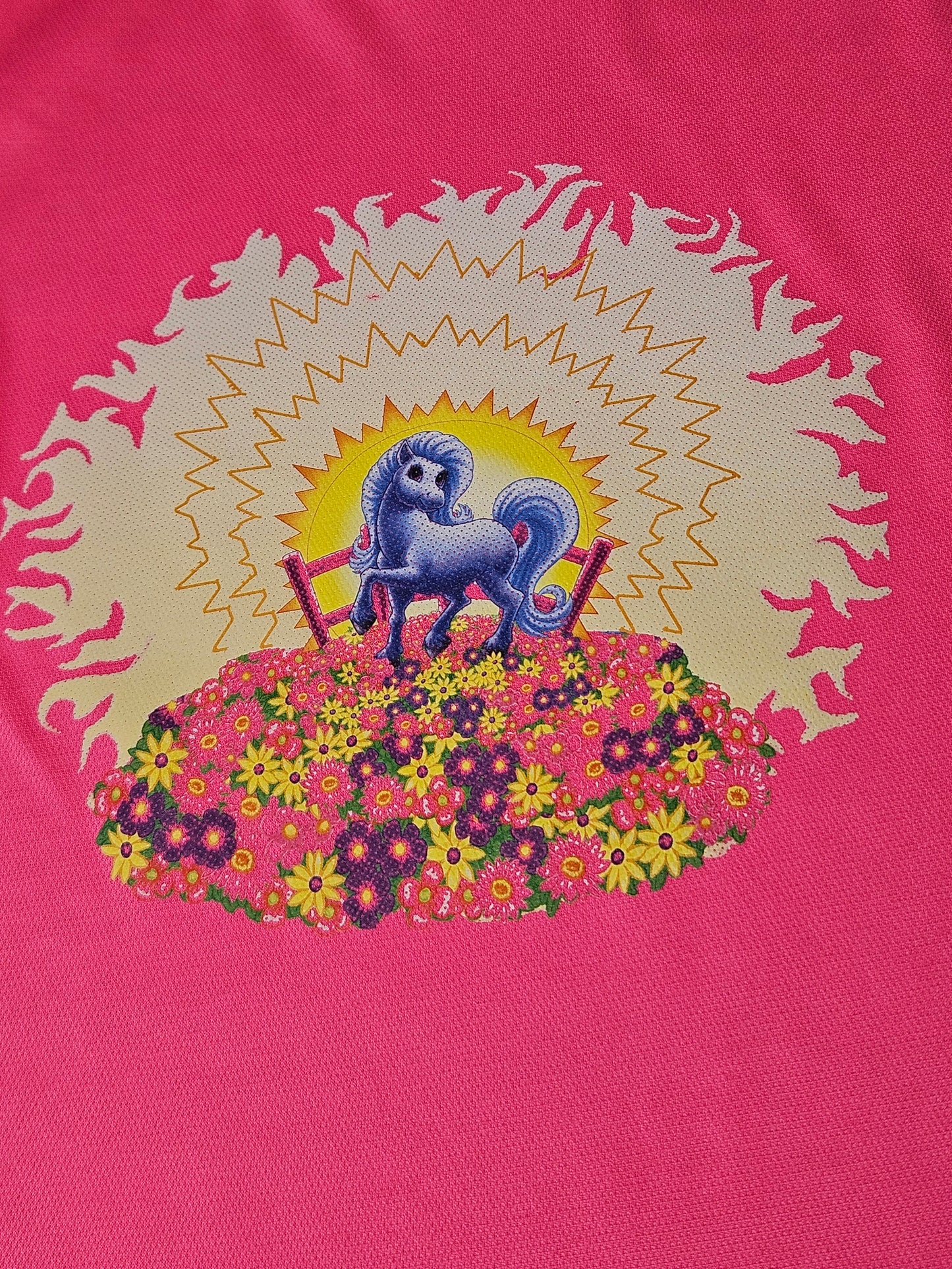 Little Blue Pony in a Meadow Cartoon Graphic on Hot Pink T-Shirt. High quality sport Aircool Tees.