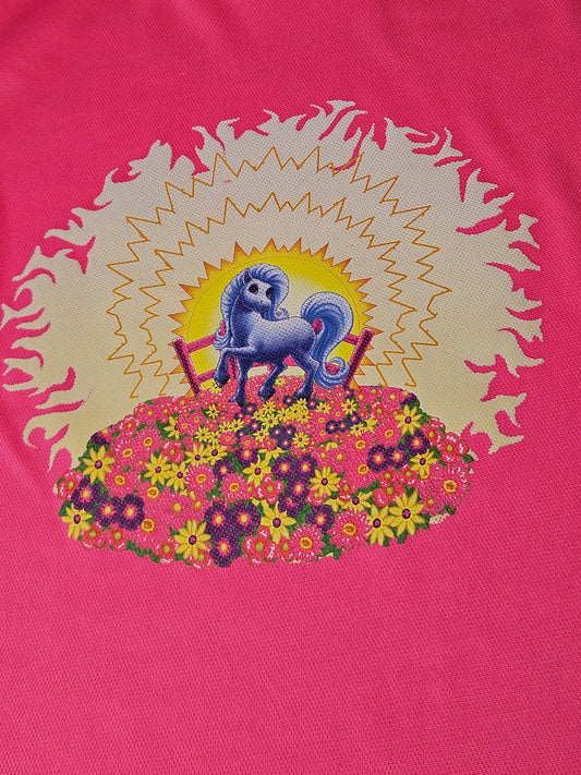 Little Blue Pony in a Meadow Cartoon Graphic on Hot Pink T-Shirt. High quality sport Aircool Tees.