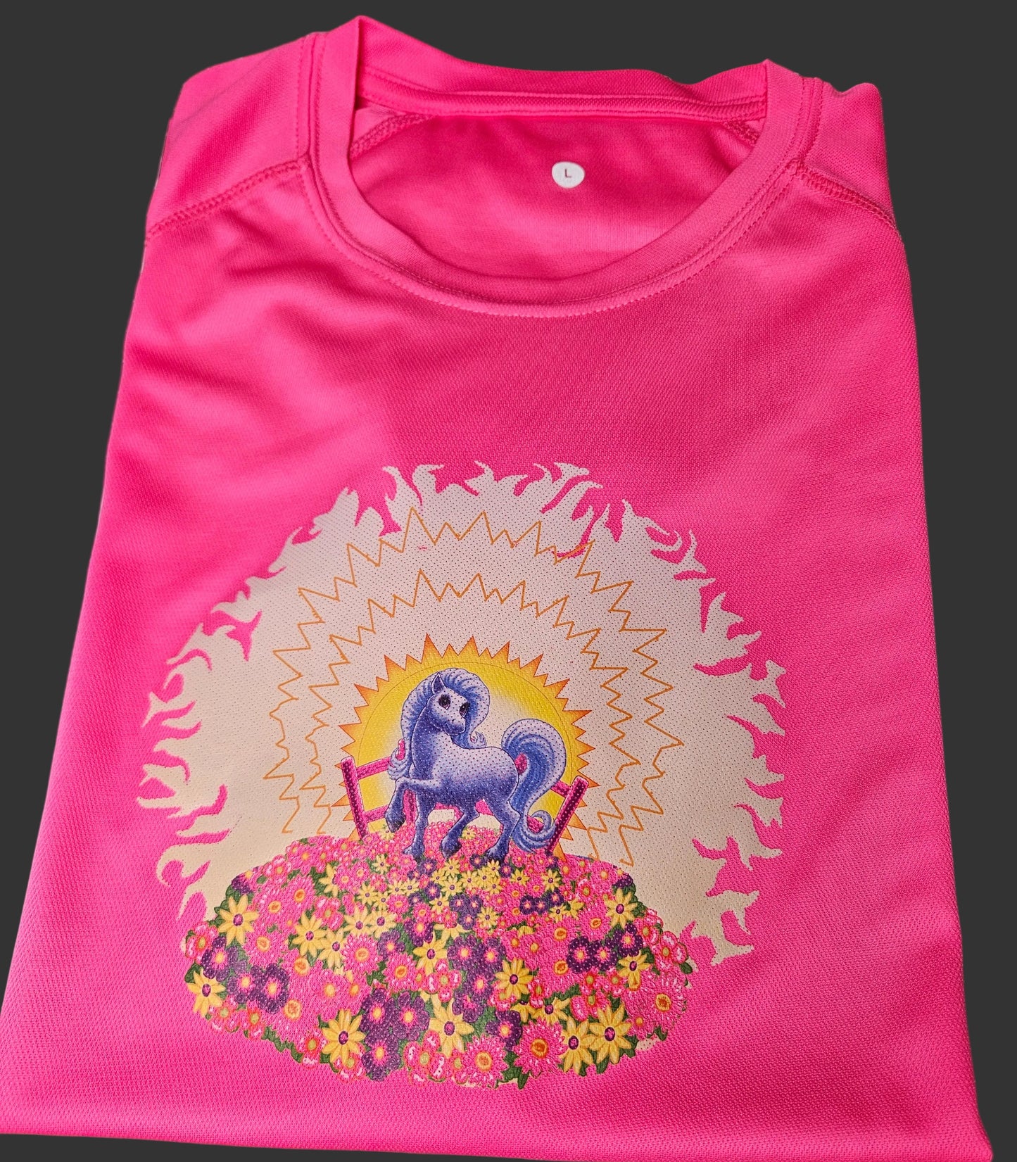 Little Blue Pony in a Meadow Cartoon Graphic on Hot Pink T-Shirt. High quality sport Aircool Tees.