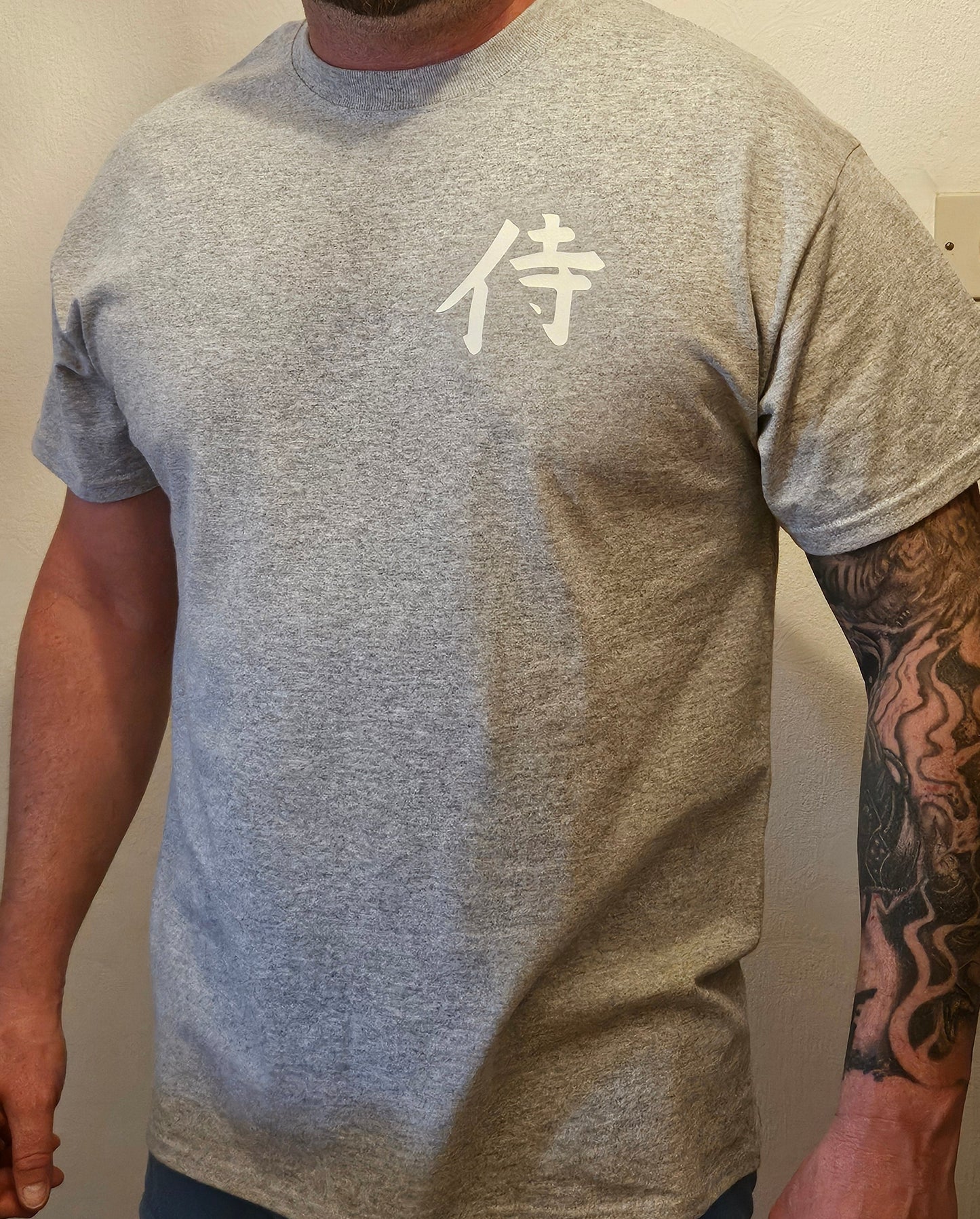 Samurai Print on Light Grey T-Shirt. High quality cotton Tees
