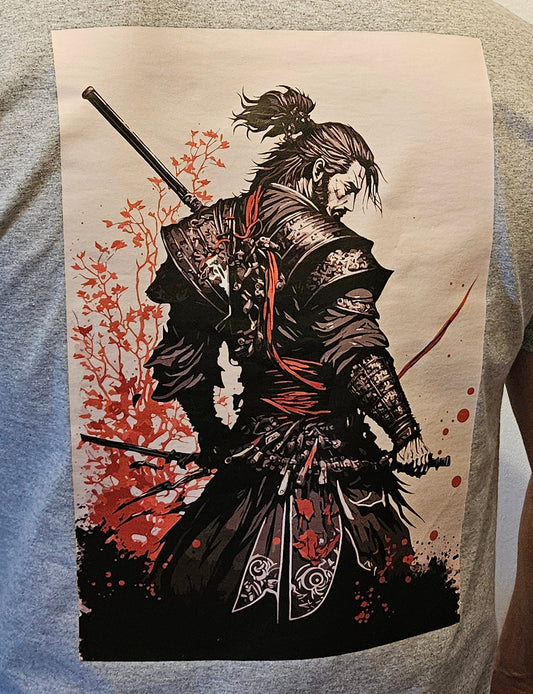 Samurai Print on Light Grey T-Shirt. High quality cotton Tees